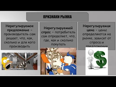 ПРИЗНАКИ РЫНКА Нерегулируемое предложение – производитель сам решает, что, как, сколько