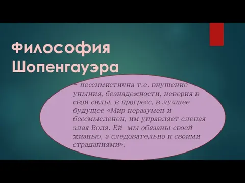 Философия Шопенгауэра - пессимистична т.е. внушение уныния, безнадежности, неверия в свои