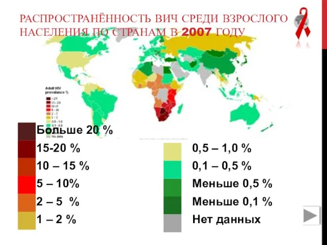 РАСПРОСТРАНЁННОСТЬ ВИЧ СРЕДИ ВЗРОСЛОГО НАСЕЛЕНИЯ ПО СТРАНАМ В 2007 ГОДУ Больше