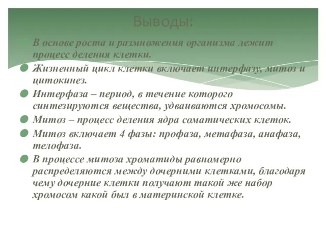 В основе роста и размножения организма лежит процесс деления клетки. Жизненный