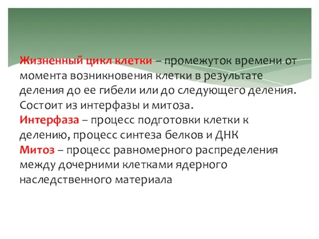 Жизненный цикл клетки – промежуток времени от момента возникновения клетки в