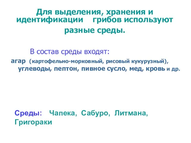 Для выделения, хранения и идентификации грибов используют разные среды. В состав