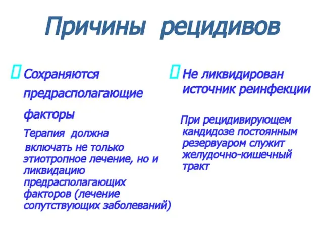 Причины рецидивов Не ликвидирован источник реинфекции При рецидивирующем кандидозе постоянным резервуаром