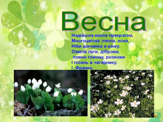 Весна Надійшла весна прекрасна, Многоцвітна ,тепла, ясна, Ніби дівчинка в вінку.