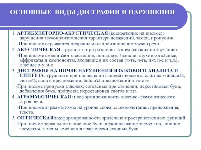 ОСНОВНЫЕ ВИДЫ ДИСГРАФИИ И НАРУШЕНИЯ 1. АРТИКУЛЯТОРНО-АКУСТИЧЕСКАЯ (косноязычие на письме): нарушения