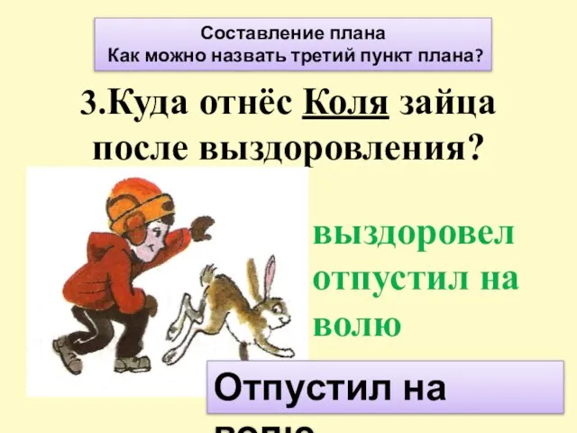 3.Куда отнёс Коля зайца после выздоровления? выздоровел отпустил на волю Составление