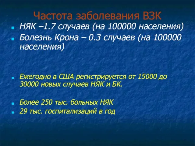 Частота заболевания ВЗК НЯК –1.7 случаев (на 100000 населения) Болезнь Крона