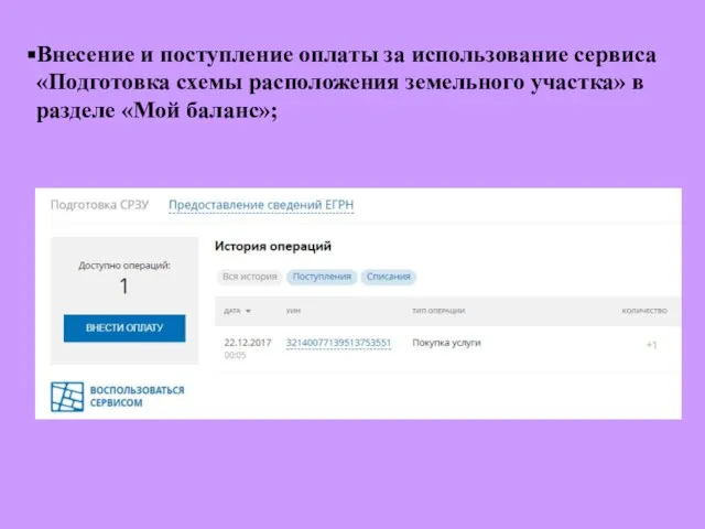 Внесение и поступление оплаты за использование сервиса «Подготовка схемы расположения земельного участка» в разделе «Мой баланс»;