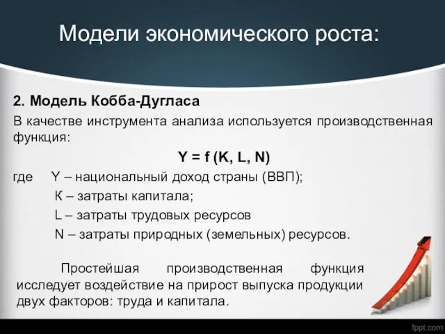 Модели экономического роста: 2. Модель Кобба-Дугласа В качестве инструмента анализа используется