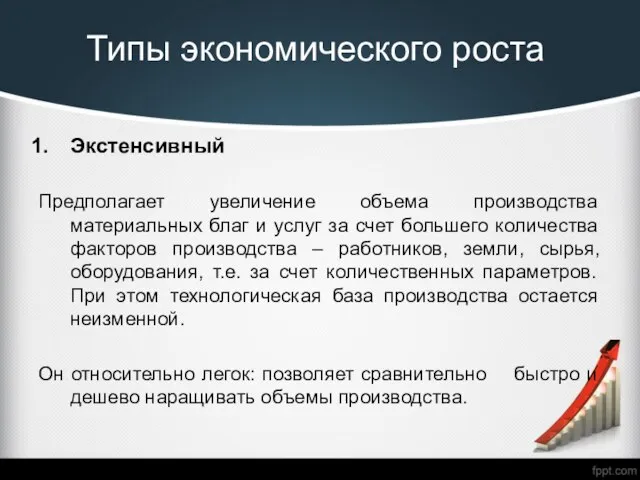 Типы экономического роста Экстенсивный Предполагает увеличение объема производства материальных благ и