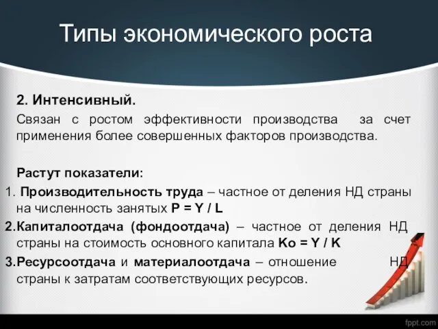 Типы экономического роста 2. Интенсивный. Связан с ростом эффективности производства за