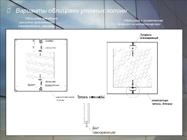 Варианты облицовки уличных колонн Облицовка с применением профиля на металлокаркасе Облицовка фасадным методом: кронштейны, направляющие, кассеты.