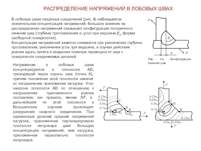 РАСПРЕДЕЛЕНИЕ НАПРЯЖЕНИЙ В ЛОБОВЫХ ШВАХ В лобовых швах тавровых соединений (рис.