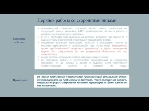 Порядок работы со сторонними лицами Основные действия Примечание