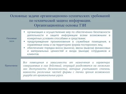 Основные задачи организационно-технических требований по технической защите информации. Организационные основы ТЗИ Основные цели Примечание