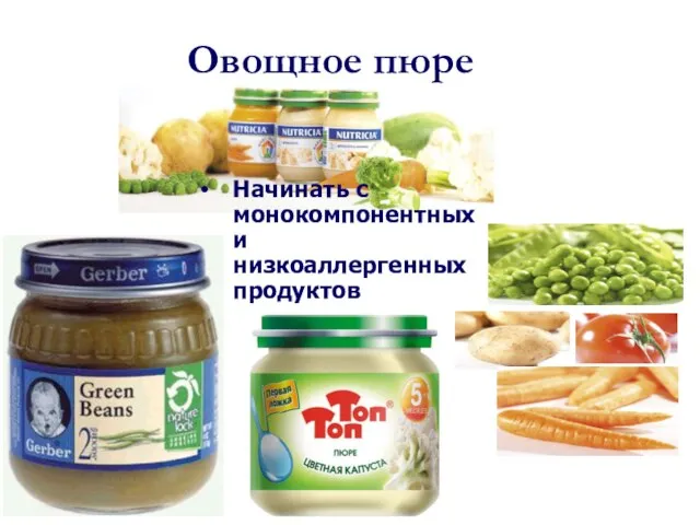 Овощное пюре Начинать с монокомпонентных и низкоаллергенных продуктов