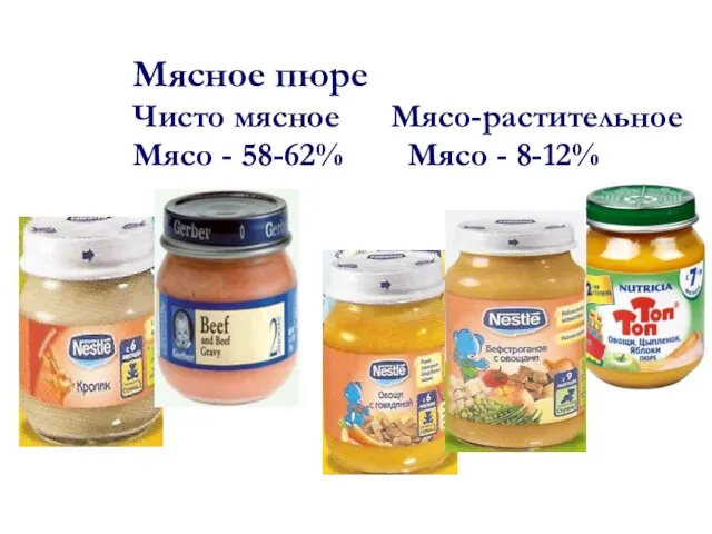 Мясное пюре Чисто мясное Мясо-растительное Мясо - 58-62% Мясо - 8-12%