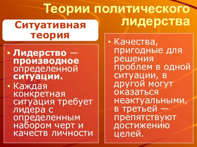 Теории политического лидерства Лидерство — производное определенной ситуации. Каждая конкретная ситуация