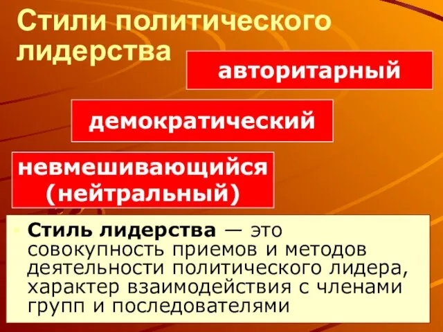 Стили политического лидерства Стиль лидерства — это совокупность приемов и методов