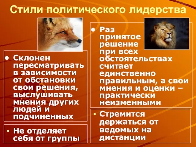 Стили политического лидерства Не отделяет себя от группы Стремится держаться от