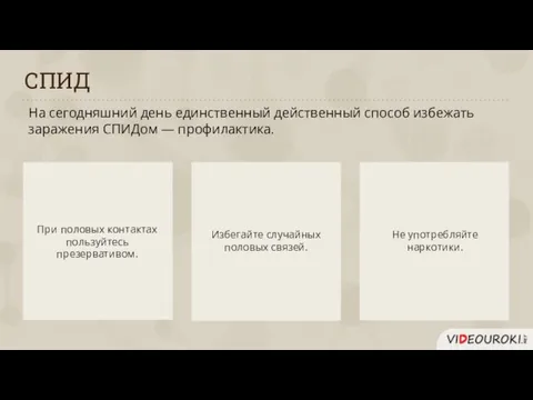 СПИД На сегодняшний день единственный действенный способ избежать заражения СПИДом —