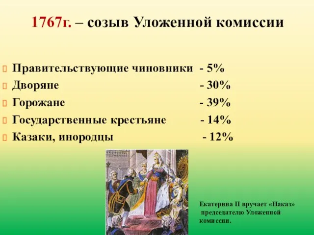 1767г. – созыв Уложенной комиссии Правительствующие чиновники - 5% Дворяне -