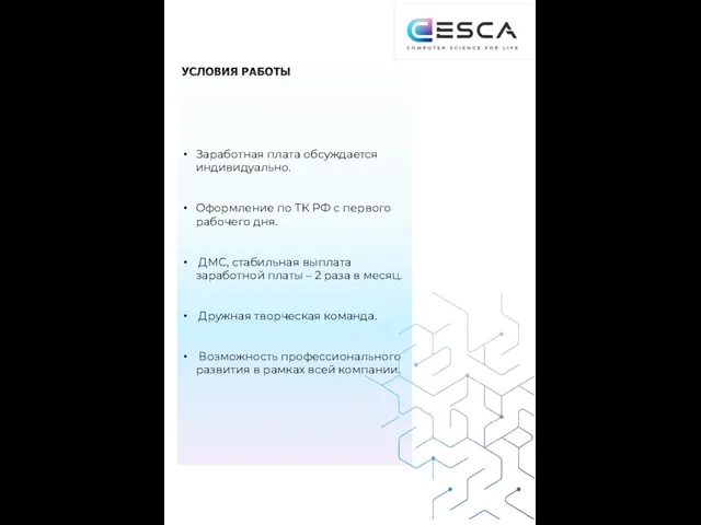 УСЛОВИЯ РАБОТЫ Заработная плата обсуждается индивидуально. Оформление по ТК РФ с