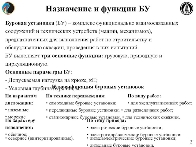 Назначение и функции БУ Буровая установка (БУ) – комплекс функционально взаимосвязанных