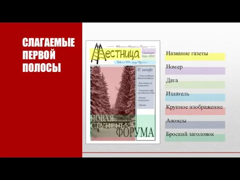 СЛАГАЕМЫЕПЕРВОЙ ПОЛОСЫ Название газеты Номер Дата Издатель Крупное изображение Анонсы Броский заголовок