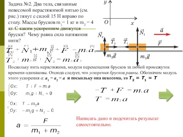 Задача №2. Два тела, связанные невесомой нерастяжимой нитью (см. рис.) тянут