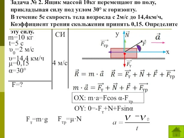 m=10 кг t=5 с υ0=2 м/с υ=14,4 км/ч α=30° F=? СИ