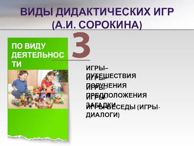 ВИДЫ ДИДАКТИЧЕСКИХ ИГР (А.И. СОРОКИНА) ПО ВИДУ ДЕЯТЕЛЬНОСТИ ИГРЫ–ПУТЕШЕСТВИЯ ИГРЫ-ПОРУЧЕНИЯ ИГРЫ-ПРЕДПОЛОЖЕНИЯ ИГРЫ-ЗАГАДКИ ИГРЫ-БЕСЕДЫ (ИГРЫ-ДИАЛОГИ)