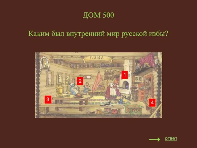 ДОМ 500 Каким был внутренний мир русской избы? 3 2 1 4 ответ