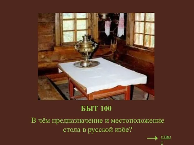 БЫТ 100 В чём предназначение и местоположение стола в русской избе? ответ