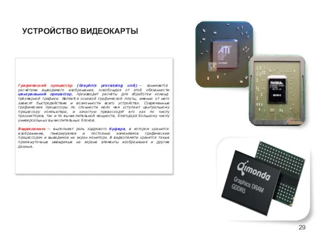 Графический процессор (Graphics processing unit) — занимается расчётами выводимого изображения, освобождая