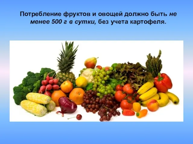 Потребление фруктов и овощей должно быть не менее 500 г в сутки, без учета картофеля.