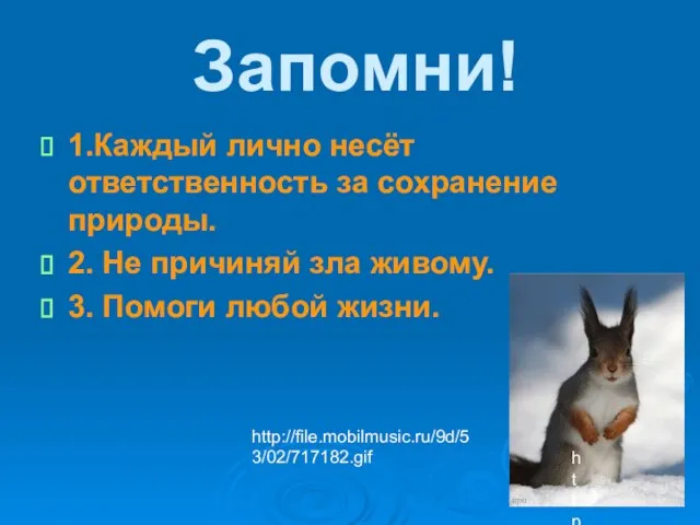 Запомни! 1.Каждый лично несёт ответственность за сохранение природы. 2. Не причиняй