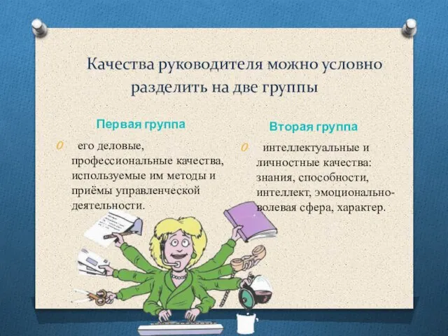 Качества руководителя можно условно разделить на две группы Первая группа Вторая