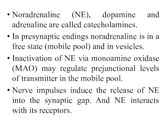 Noradrenaline (NE), dopamine and adrenaline are called catecholamines. In presynaptic endings