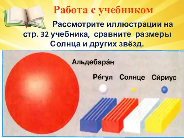 Работа с учебником Рассмотрите иллюстрации на стр. 32 учебника, сравните размеры Солнца и других звёзд.