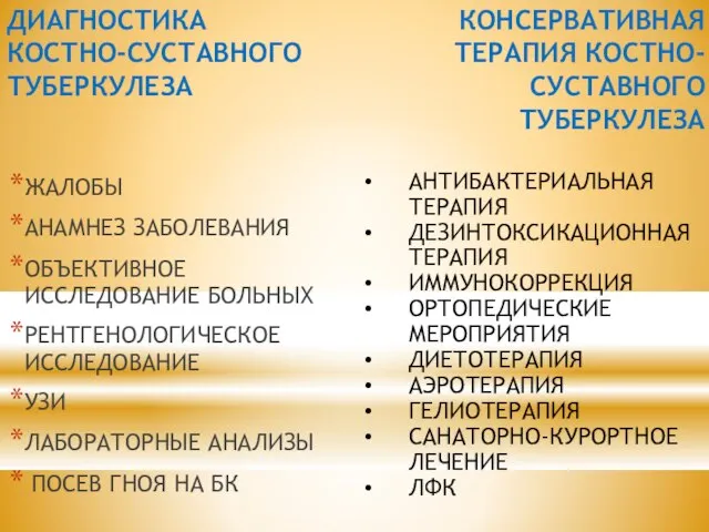 ДИАГНОСТИКА КОСТНО-СУСТАВНОГО ТУБЕРКУЛЕЗА ЖАЛОБЫ АНАМНЕЗ ЗАБОЛЕВАНИЯ ОБЪЕКТИВНОЕ ИССЛЕДОВАНИЕ БОЛЬНЫХ РЕНТГЕНОЛОГИЧЕСКОЕ ИССЛЕДОВАНИЕ