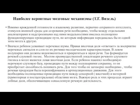 Наиболее вероятные мозговые механизмы (Т.Г. Визель) Помимо врожденной готовности к языковому