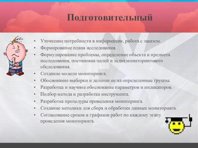 Подготовительный Уточнение потребности в информации, работа с заказом. Формирование плана исследования.