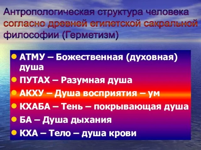 АТМУ – Божественная (духовная) душа ПУТАХ – Разумная душа АКХУ –