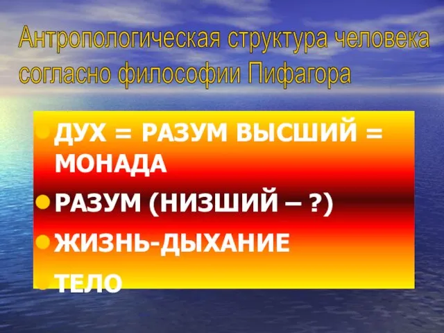 ДУХ = РАЗУМ ВЫСШИЙ = МОНАДА РАЗУМ (НИЗШИЙ – ?) ЖИЗНЬ-ДЫХАНИЕ