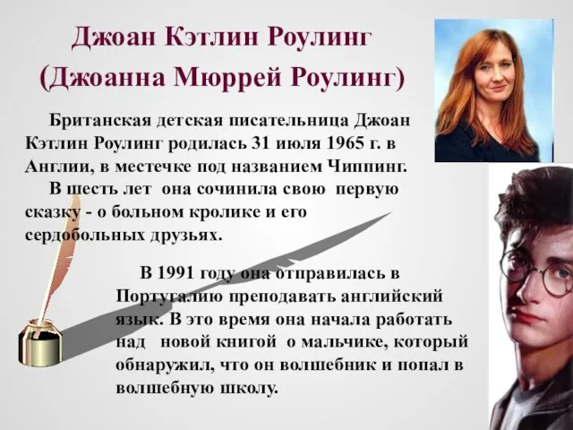 Джоан Кэтлин Роулинг (Джоанна Мюррей Роулинг) Британская детская писательница Джоан Кэтлин