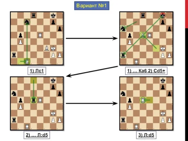 Вариант №1 1) Лc1 1) … Кa6 2) Сd5+ 2) … Л:d5 3) Л:d5