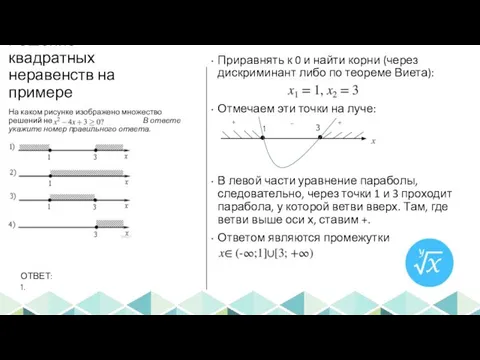 Решение квадратных неравенств на примере Приравнять к 0 и найти корни