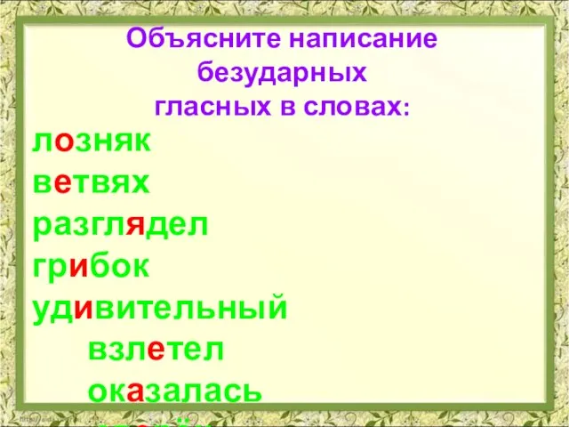 Объясните написание безударных гласных в словах: лозняк ветвях разглядел грибок удивительный взлетел оказалась зверёк убежал