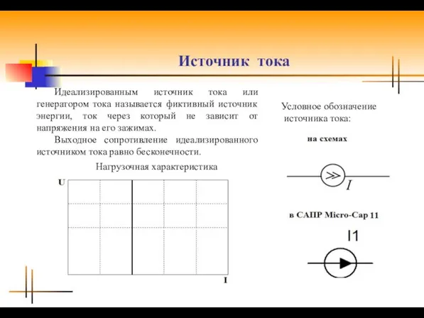 Источник тока Идеализированным источник тока или генератором тока называется фиктивный источник